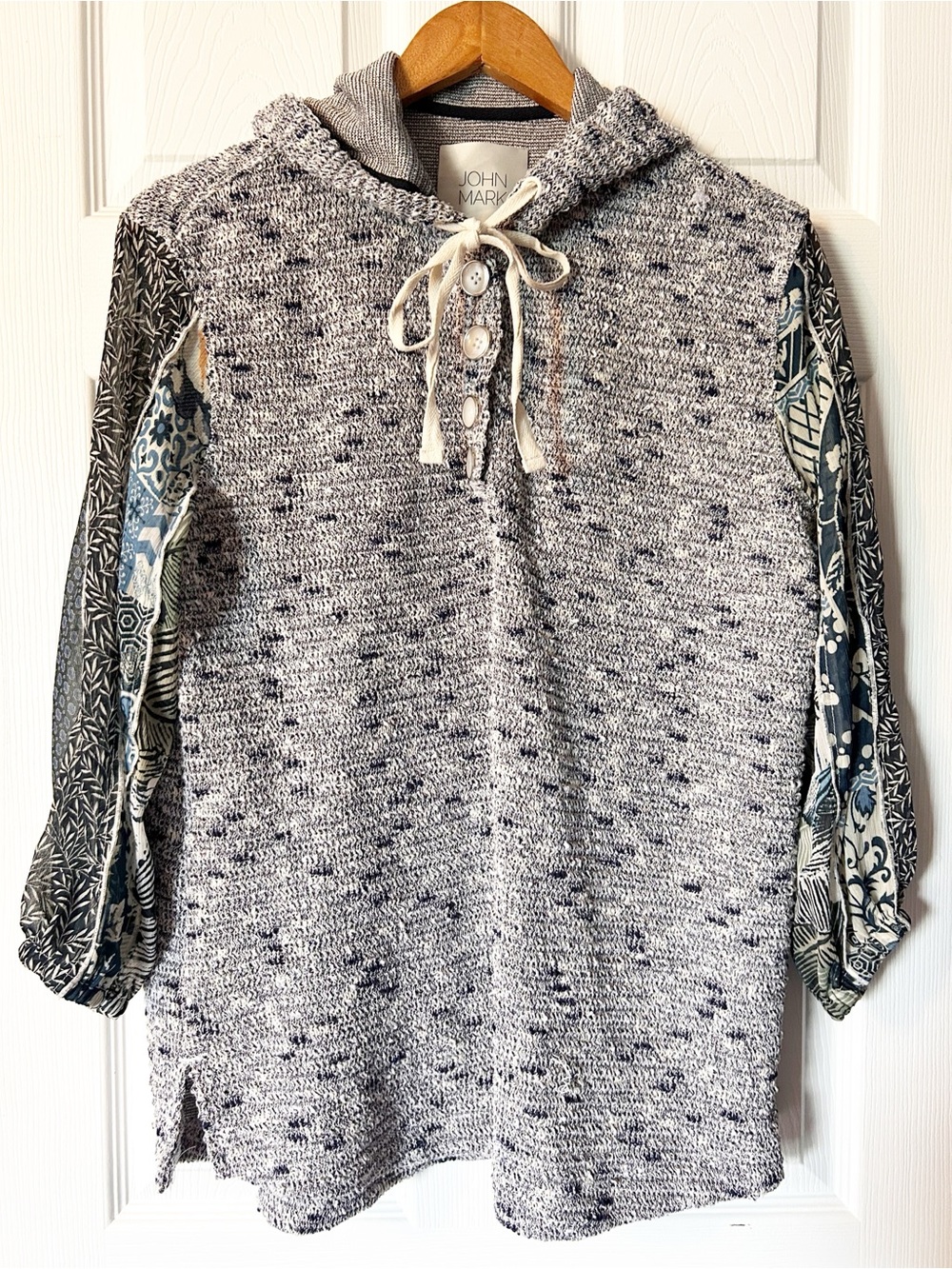 John Mark Blue Hooded Nubby Knit 1/4 Button Tunic Top Chiffon Mix Print Sleeve M